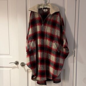 Never Worn Plaid Wool-Blend Cape with Shearling Collar - Red, Black & Cream